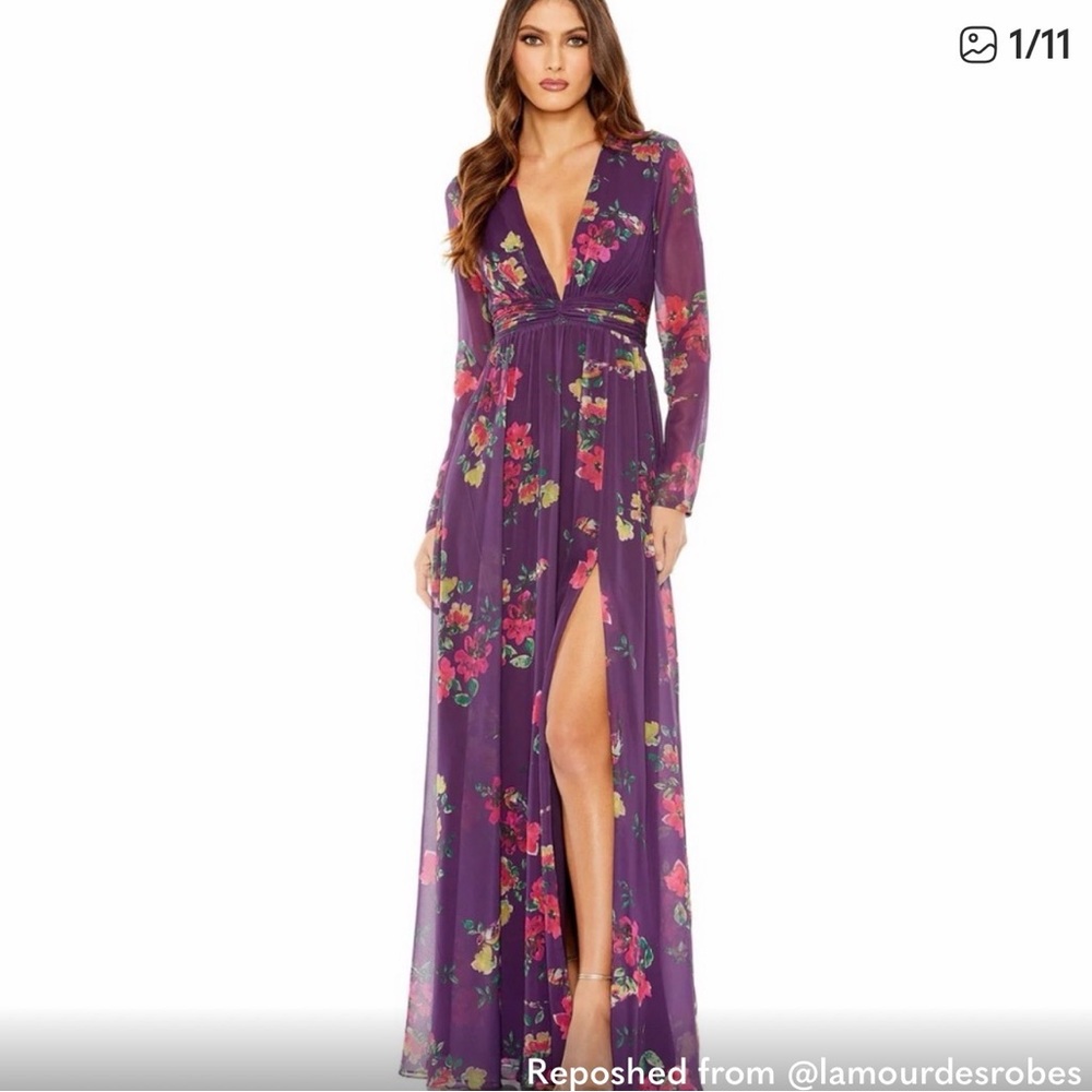 Mac Duggal Purple Floral Long Sleeve Dress